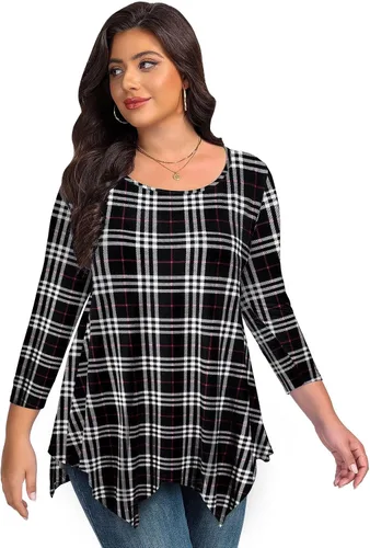Vista 5 de LARACE - Camisa de talla extragrande para mujer, camisa tipo túnica con manga 3/4, ajuste holgado, ropa básica para mujer 2-negro_cuadros