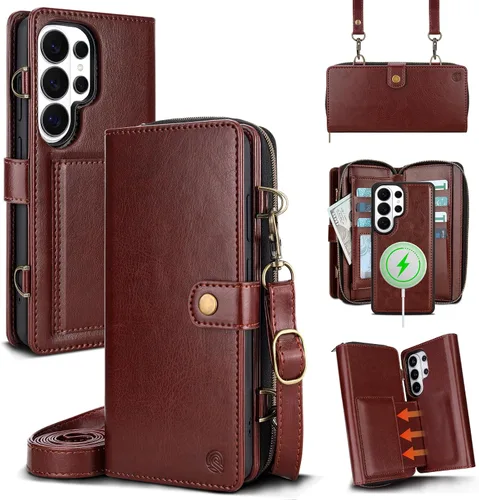 Vista 19 de Funda tipo cartera para Samsung Galaxy S25 Ultra, funda tipo cartera multifunción, desmontable 3 en 1 magnética para Galaxy S25 Ultra, funda