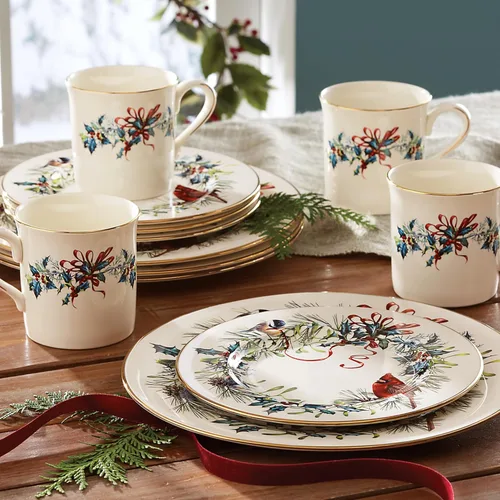 Vista 2 de Lenox 6122055 Winter Greetings - Juego de vajilla de 12 piezas, rojo y verde, Navidad, alojamiento de vacaciones, servicio para 4 personas