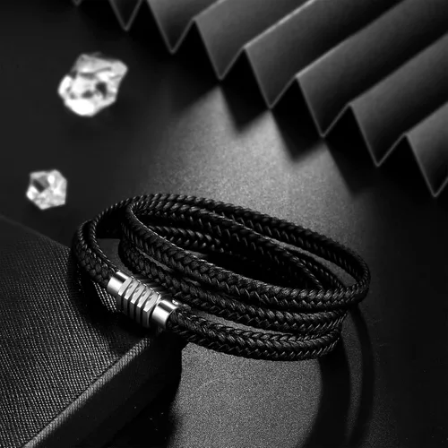 Vista 2 de Pulsera de cuero para hombre, pulsera trenzada negra de acero inoxidable, pulsera ajustable de protección multicapa para mujer