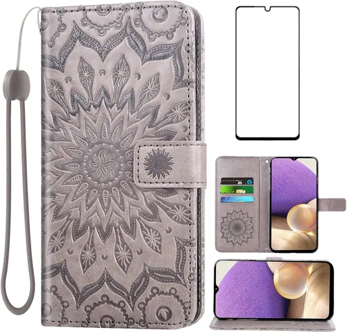 Vista 8 de Funda de teléfono para Samsung Galaxy A32 5G de 6.5 pulgadas con protector de pantalla de vidrio templado y cubierta delgada de cuero, soporte
