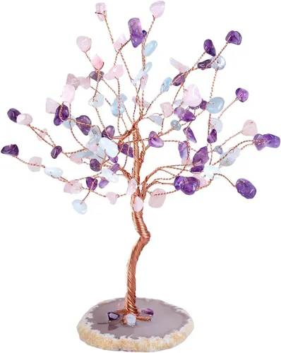 Vista 2 de Rockcloud Árbol de cristal de amatista, cuarzo rosa y aguamarina para decoración de oficina en casa, ágata natural, base de geoda bonsái, árbol
