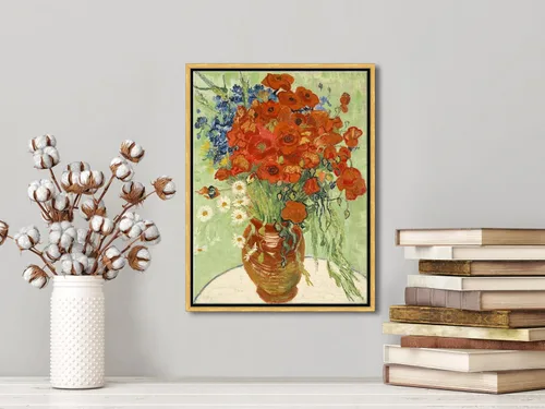Vista 4 de Wieco Art - Arte enmarcado para pared de "Varios amapolas rojas y margaritas" por Vincent Van Gogh, reproducción de pinturas, lienzos abstractos