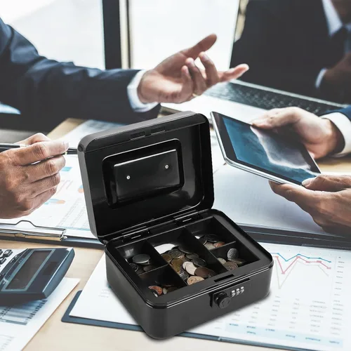 Vista 2 de xydled Caja fuerte de acero con cerradura de combinación, caja fuerte para dinero con bandeja extraíble para monedas, tamaño mediano, 7.87 x 6.30 x