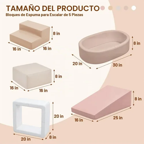 Vista 2 de JungleDove Juego de bloques de escalada de espuma suave para niños pequeños – 5 piezas ovaladas de bolas y estructura de juego con cuero crema