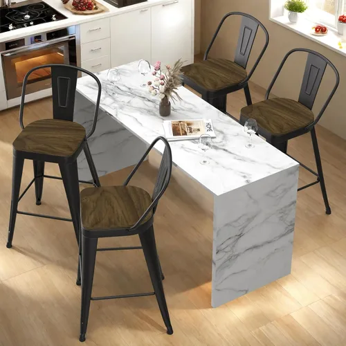 Vista 2 de Juego de 4 taburetes de bar de metal, taburetes de bar con respaldo alto con asiento de madera, taburetes de bar negros de 24 pulgadas para isla