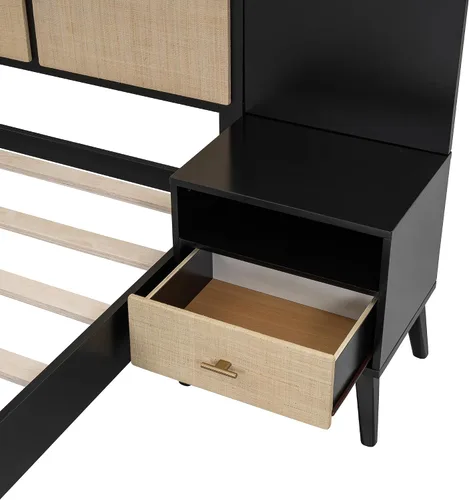 Vista 8 de Harper & Bright Designs Cama de plataforma tamaño Queen con 2 mesitas de noche y 2 lámparas, cama Queen de madera con cabecero, combinación de ratán