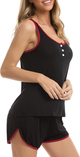 Vista 4 de Vlazom Conjunto de pijama para mujer, ropa de dormir con cuello en V, conjunto de pijama de 2 piezas, sin mangas, ropa de noche, S - XXL