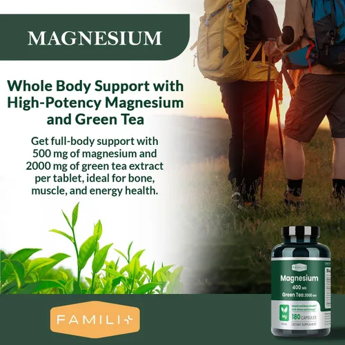 Vista 7 de FAMILI+ Magnesio 400mg Extracto de té verde orgánico 100 mg L-teanina, suplemento de magnesio para músculos, huesos, corazón, alivio del estrés
