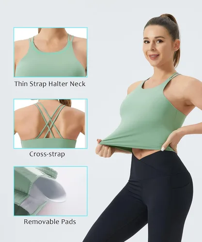 Vista 5 de THE GYM PEOPLE Sujetador deportivo con espalda cruzada para mujer, cuello halter, camiseta corta sin mangas con almohadillas extraíbles