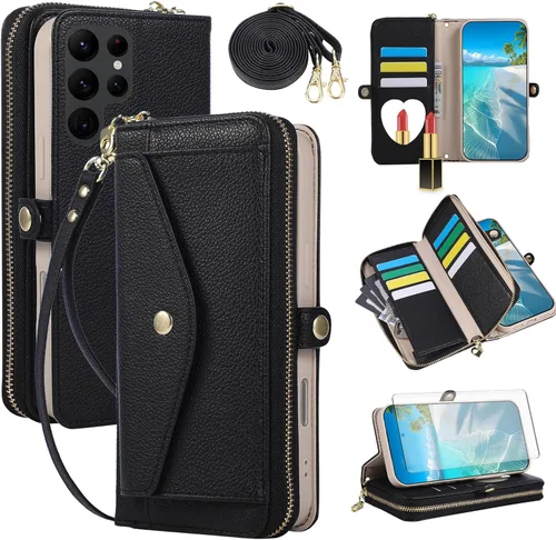 Vista 18 de Asuwish Funda de teléfono para Samsung Galaxy S23 5G con cremallera, funda para celular con protector de pantalla, correa para el hombro, espejo