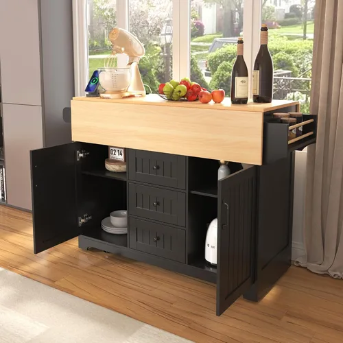 Vista 7 de Isla de cocina de 2 hojas caídas sobre ruedas, carrito de cocina rodante con tomas de corriente, mesa de isla de cocina con 2 gabinetes