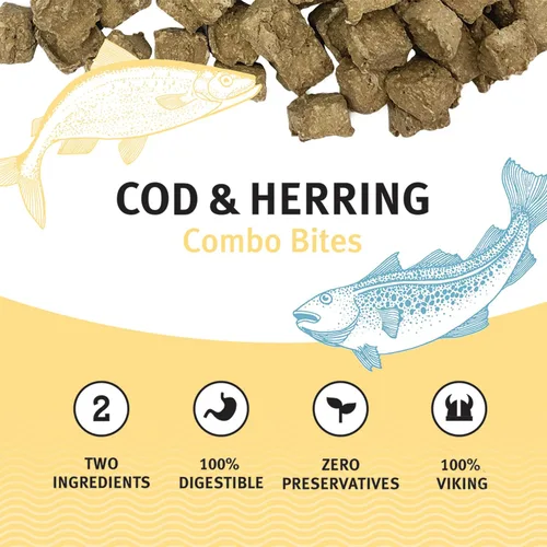 Vista 4 de Icelandic+ Bacalao y arenque Combo Bites Dog Treat Bolsa de 3.0 onzas Air-Dried Sustainably Sourced Fish Snacks, High Omega-3 for Skin & Coat