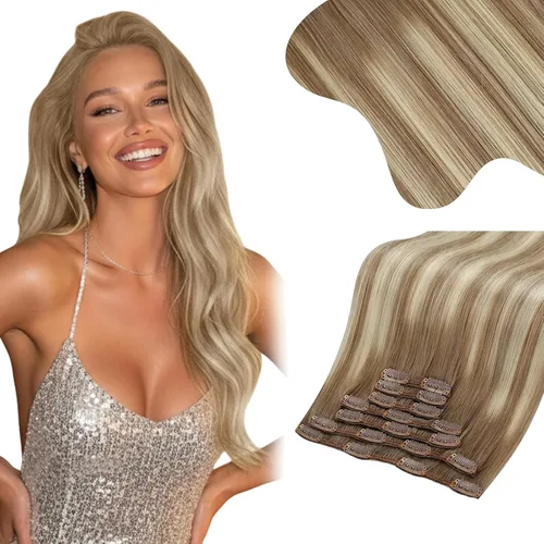 Vista 54 de Moresoo Extensiones de cabello humano con clip, balayage, color marrón oscuro a marrón dorado con clip, extensiones de cabello humano con clip, 5