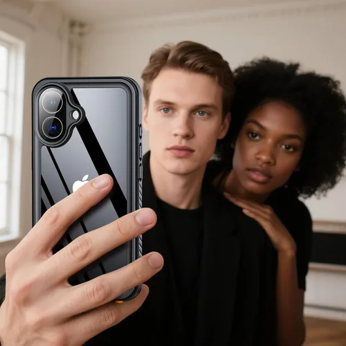 Vista 7 de ANTSHARE Funda impermeable IP68 para iPhone 16, negro/transparente Lente incorporada/protector de pantalla, protección militar contra caídas, funda
