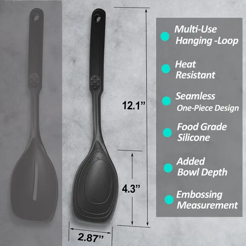 Vista 2 de Cuchara de cocina grande de silicona, juego de cuchara sólida antiadherente con tazón profundo y marca de medición para mezclar, servir, escurrir