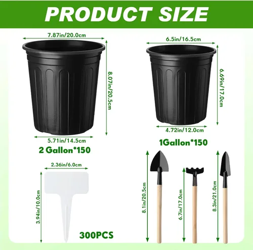 Vista 2 de FoldTier 300 macetas de 2 galones y 1 galón para plantas de vivero, macetas de plástico flexible a granel con orificio de drenaje, etiqueta