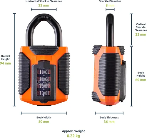 Vista 4 de Squire Candado resistente (CP50) – Grillete de acero más resistente – Candado combinado de 4 ruedas – Acero aleado para resistencia a la corrosión