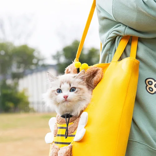 Vista 2 de Bolso de hombro de lona para mascotas, lindo transportador de gatos con forma de abeja, tamaño S, portátil para gatitos y cachorros, transportadores