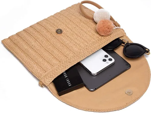 Vista 6 de Bolso cruzado con pompón tejido a mano para mujer, bolso cruzado de playa de verano, cartera