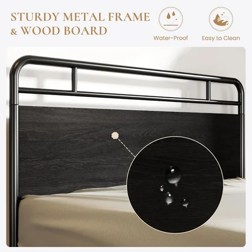 Vista 4 de SHA CERLIN Base de cama tamaño completo con cabecera de madera industrial vintage, plataforma de metal resistente con almacenamiento debajo