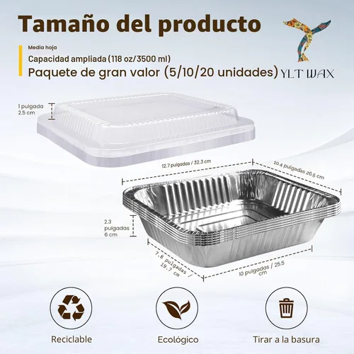 Vista 3 de YLT WAX Bandejas Desechables de Papel de Aluminio de 9 x 13 pulgadas con Tapas Transparentes (Paquete de 10), Recipientes de Alimentos Duraderos