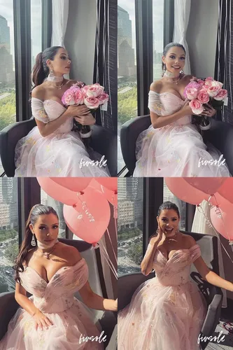 Vista 3 de Fivsole Vestido de fiesta de manga hinchada con hombros descubiertos, tul bordado de flores, vestidos florales formales cortos