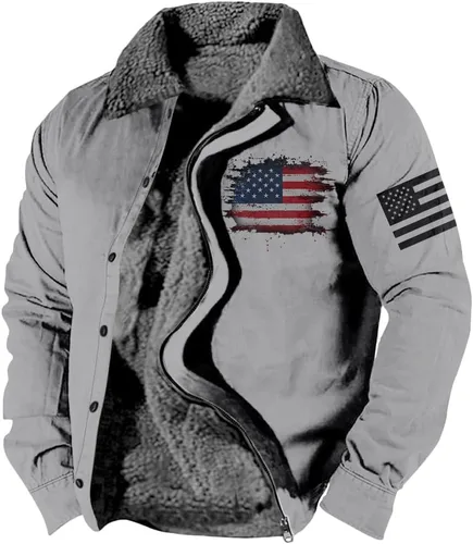 Vista 12 de LOAIHA Chaqueta de invierno para hombre, chaqueta de bandera estadounidense, abrigos occidentales para hombre, con cremallera, forro polar cálido