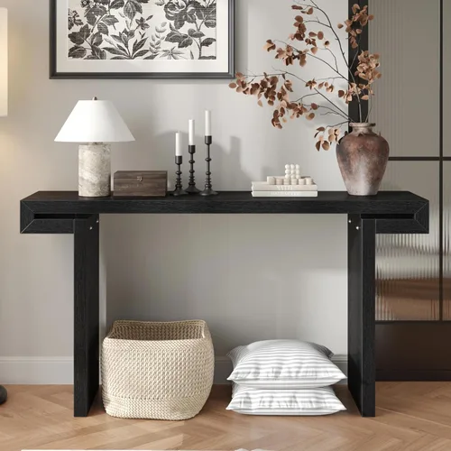 Vista 19 de Mesa consola de madera de 45 pulgadas para mesa de entrada, consola minimalista estrecha retro de granja con madera de mango maciza, mesas de sofá