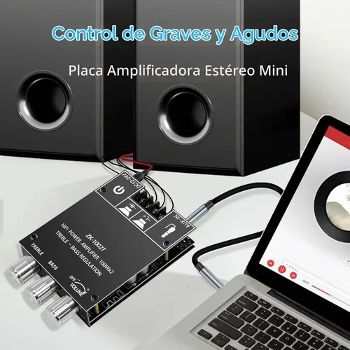 Vista 6 de ZK-1002T Placa de amplificador Bluetooth de 100 W+100 W con control de agudos y graves, placa de amplificador de audio estéreo mini de 2.0 canales