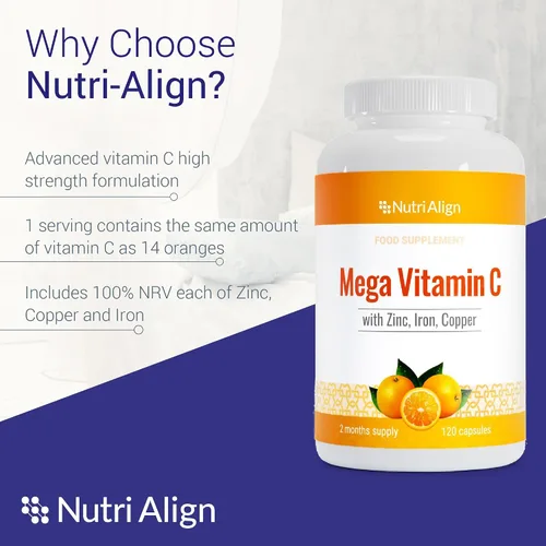Vista 3 de Nutri-Align Mega Vitamina C 120 cápsulas de vitamina C de alta resistencia de 1000 mg - VIT C y suplemento de zinc, hierro y cobre Suplementos