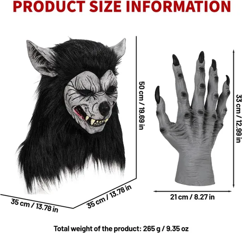 Vista 2 de Máscara de hombre lobo, guantes de garra, disfraz de lobo de terror