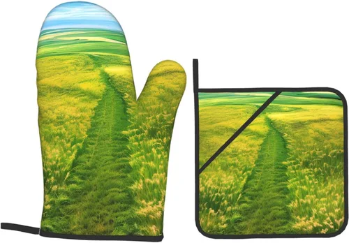 Vista 9 de Grassland Paths Oven Mitt and Pot Holder Set Heat Resistant 4-Piece Set, Suitable for Kitchen Cooking Baking Grill Chef Gift