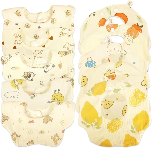 Vista 9 de Baberos de muselina para bebé niña niño para babeo y dentición, paquete de 10 Soft organic cotton muslin bibs for drooling, teething and feeding.