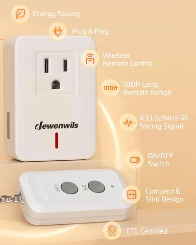 Vista 2 de DEWENWILS Toma de corriente con control remoto para interiores, kit de interruptor de luz remoto expandible, interruptor de encendido/apagado