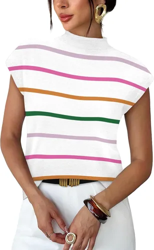 Vista 24 de Sampeel Suéter de manga corta para mujer, cuello alto, para verano, elegante, informal, básico, de punto