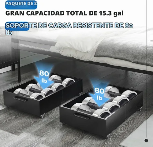 Vista 3 de TIOPGHAD Almacenamiento debajo de la cama con ruedas, paquete de 2 cajones organizadores de almacenamiento de zapatos debajo de la cama, organizador