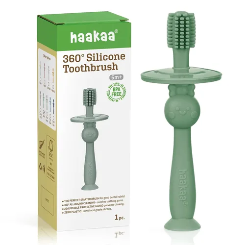 Vista 15 de haakaa Cepillo de dientes para bebé de 360° con base de succión - Limpieza suave para entrenamiento de autocepillado de niños pequeños, silicona