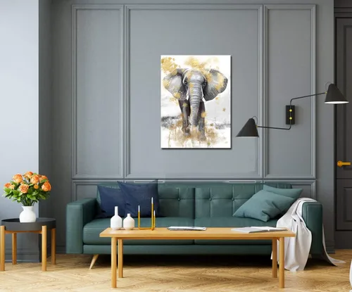 Vista 5 de sechars Cuadro moderno de animales para pared, pintura de elefante dorado y gris, impresiones en lienzo, arte contemporáneo para sala de estar