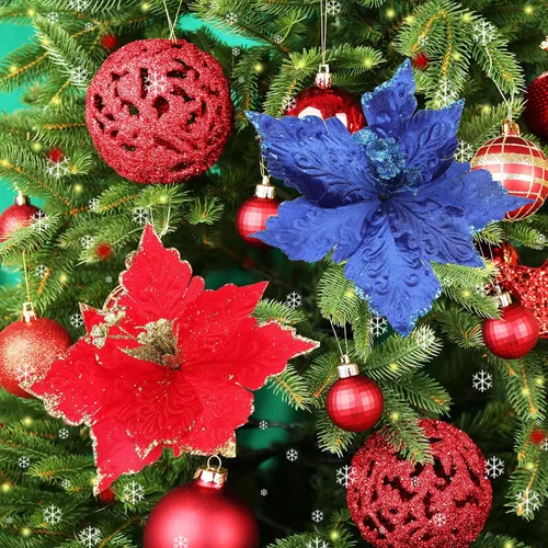 Vista 7 de 6 flores de Pascua artificiales con purpurina, flores de Navidad azules, decoración floral de árbol de Navidad para corona, arreglo floral, jarrón