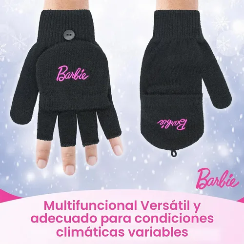 Vista 4 de Gorro de invierno Barbie para mujer – Gorros de invierno con guantes para mujer, gorros cálidos, gorro de punto rosa Sombrero y guantes negros