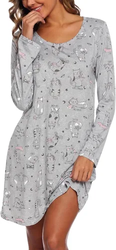 Vista 23 de ENJOYNIGHT Ropa de dormir de algodón para mujer, camisón de manga larga con estampado de camiseta para dormir ABC