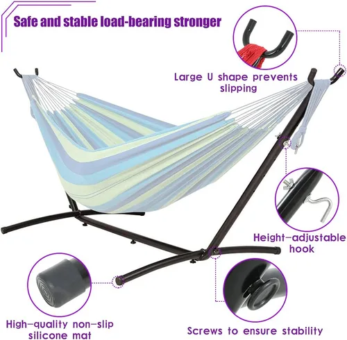 Vista 4 de Soporte para hamaca de acero ahorrador de espacio, 9 pies, portátil con funda de transporte, ideal para el aire libre, Azul