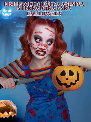 Vista 4 de Xtinmee 5 piezas de Halloween Nightmare Killer Doll Deluxe Disfraz Rainbow Stripe Nice Guy Cosplay Movie Character Outfit