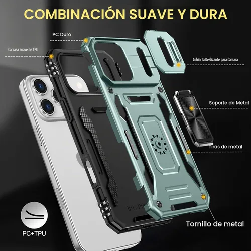 Vista 5 de Funda compatible con iPhone17 Pro con soporte, cubierta de cámara y protector de pantalla HD, doble capa a prueba de golpes, protección contra