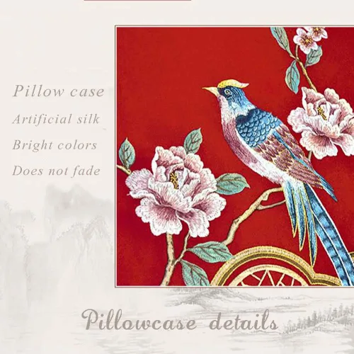Vista 2 de Funda de almohada de satén sedoso de seda sintética bordada con patrón de escena de flores de pájaro estilo chino funda de cojín para sofá
