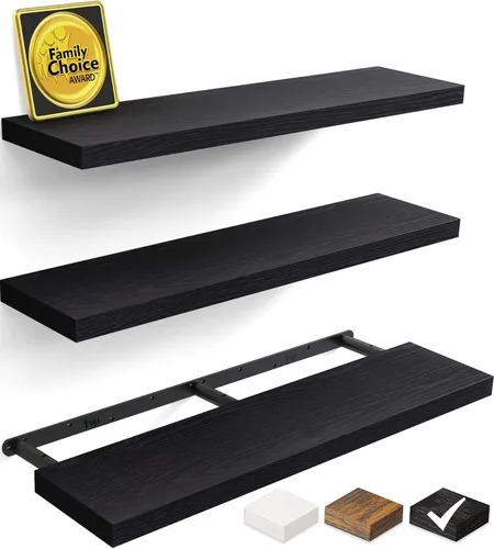 Vista 22 de BAYKA Estantes flotantes para pared, estantes de madera rústica montados en la pared para baño, dormitorio, sala de estar, cocina, estante colgante