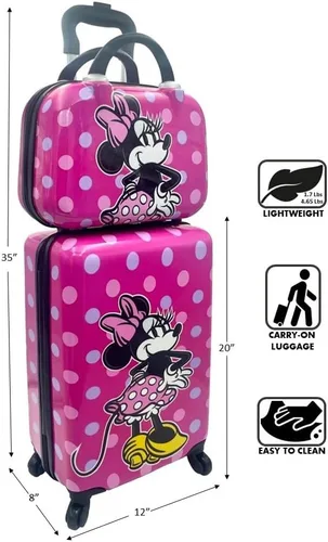 Vista 6 de Fast Forward Juego de maletas de mano y estuche de belleza con licencia de lado duro de 20 pulgadas para niños, Multi colorido, Minnie Mouse