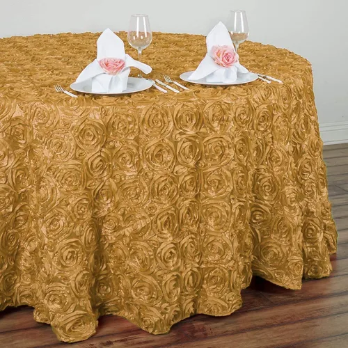 Vista 5 de BalsaCircle Mantel redondo con rosetas elevadas de satén champán de 132 pulgadas, para bodas, fiestas, comedor