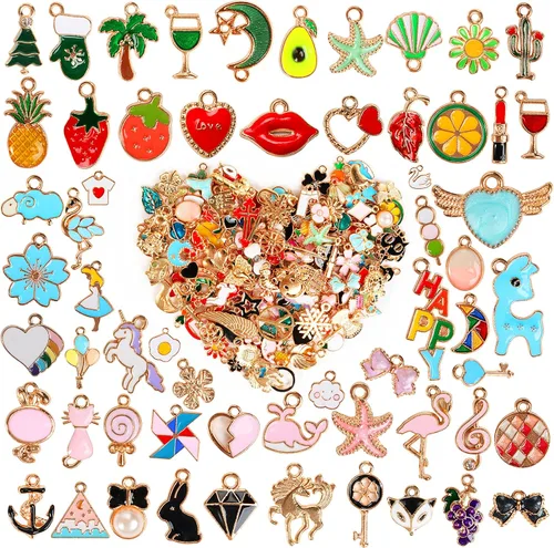 Vista 8 de 500 PCS Dijes para Fabricación de Joyas, Surtidos de Oro, Plata y Esmalte Dijes Lindos para Pulseras DIY, Collares, Aretes, Llaveros y Proyectos